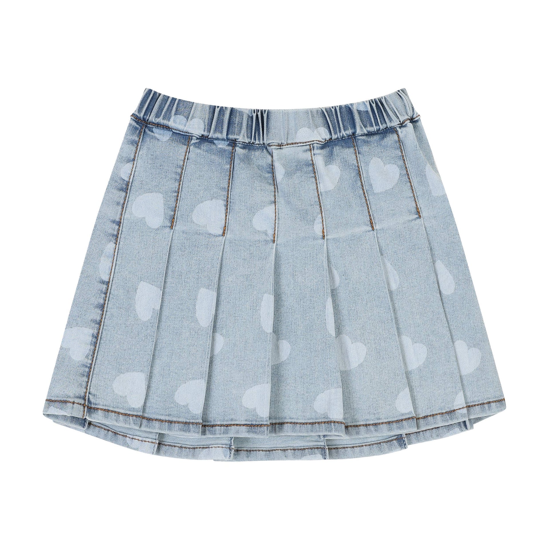 Pleated Heart Print Denim Skirt - ToTo Heros l Premium Children's Clothing