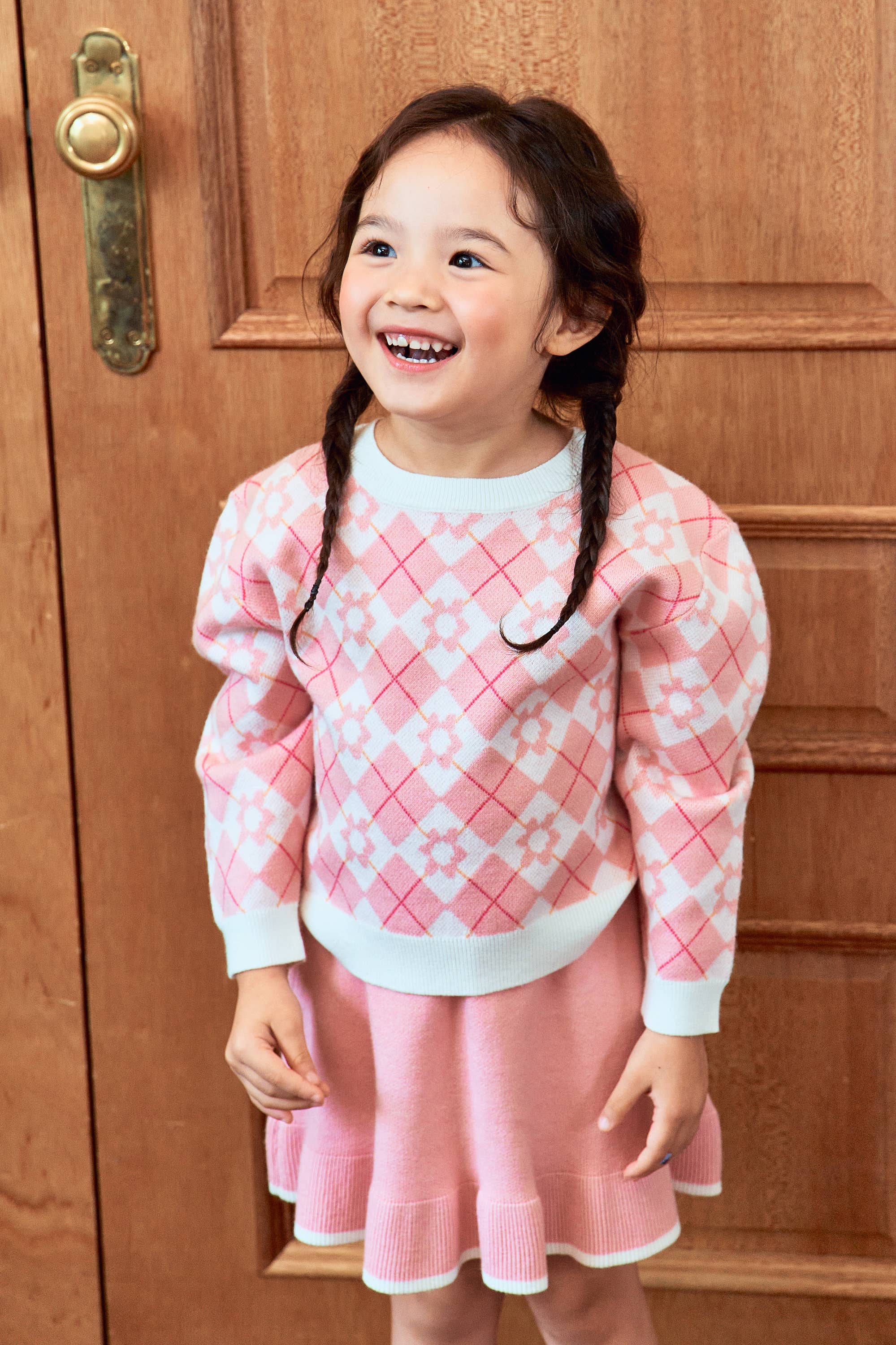 Argyle Pattern Puff Sleeve Knit Sweater & Skirt Set - ToTo Heros l Premium Children's Clothing