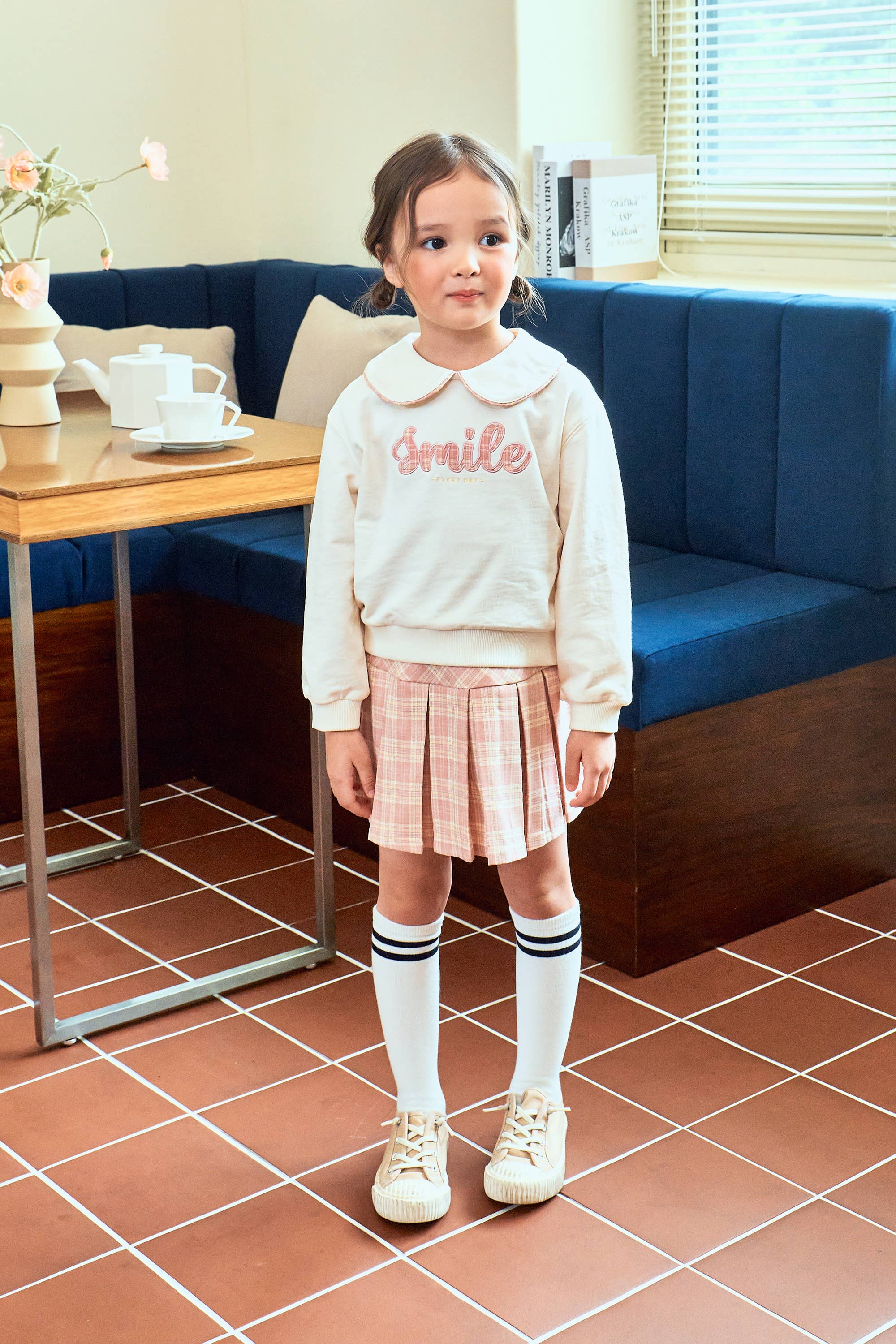 Sofia Round Collared Sweatshirt & Checkered Pattern Skirt Set - ToTo Heros l Premium Children's Clothing