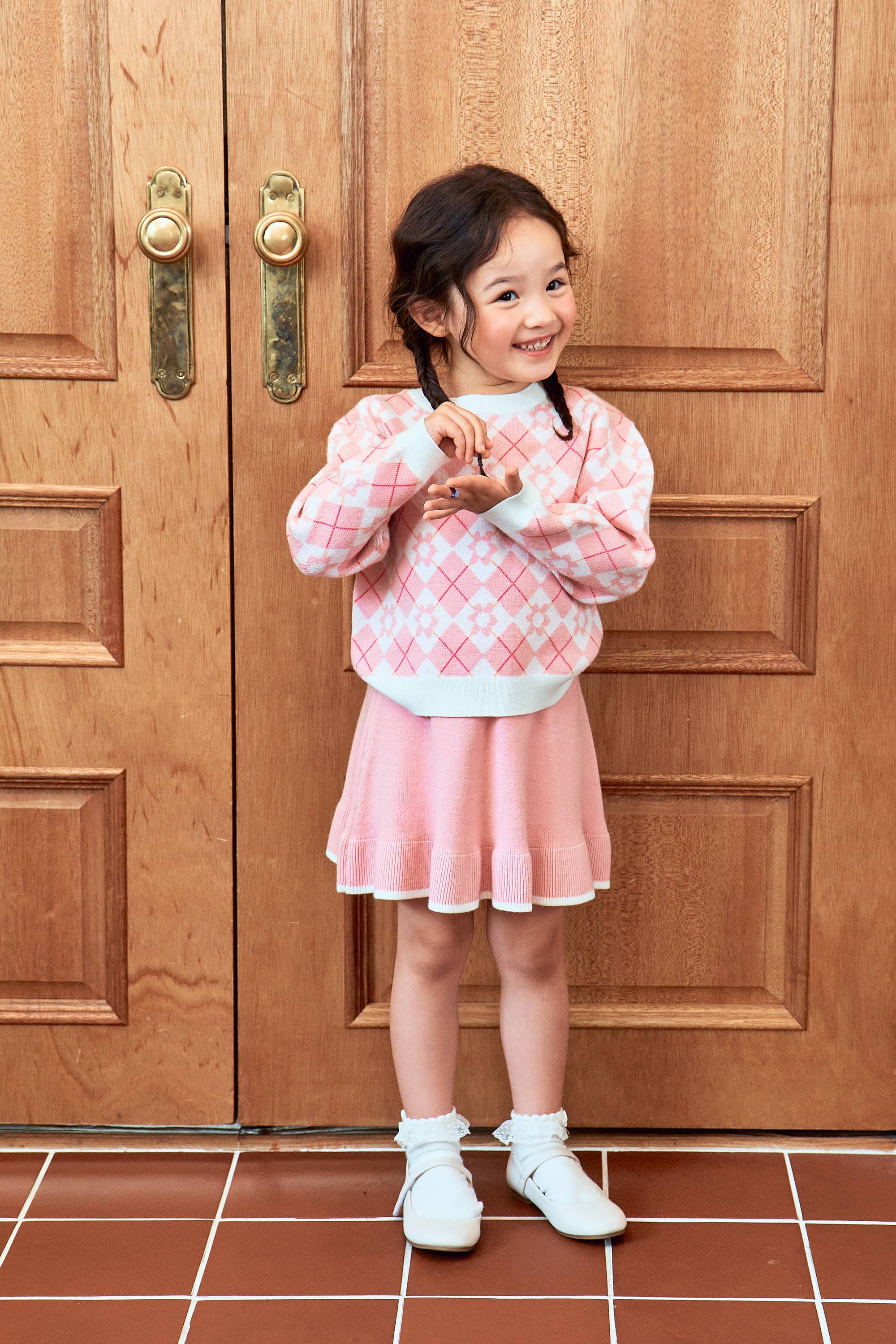 Argyle Pattern Puff Sleeve Knit Sweater & Skirt Set - ToTo Heros l Premium Children's Clothing