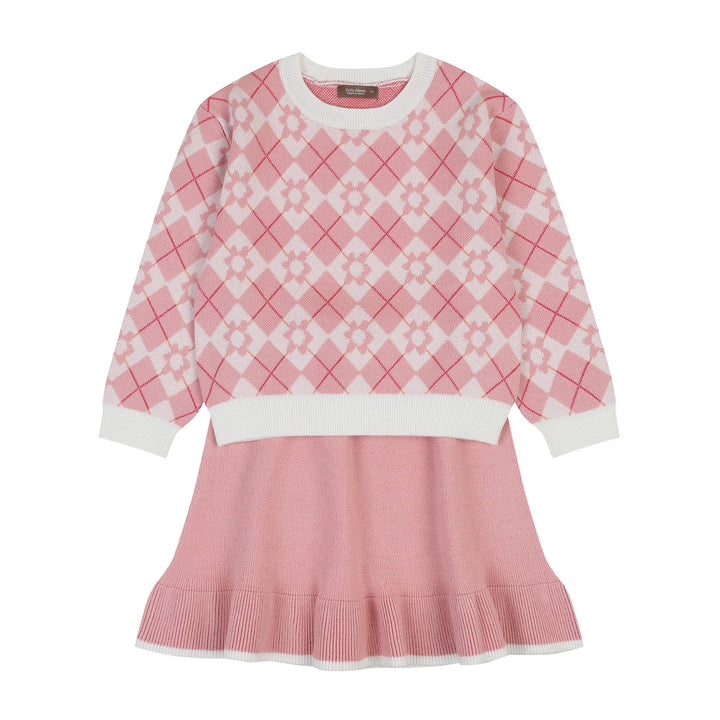 Argyle Pattern Puff Sleeve Knit Sweater & Skirt Set - ToTo Heros l Premium Children's Clothing