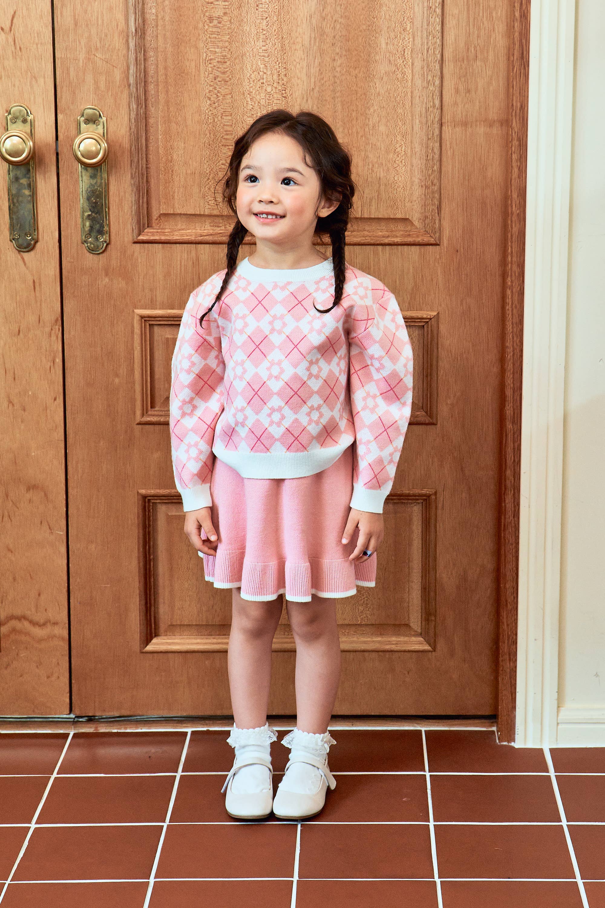 Argyle Pattern Puff Sleeve Knit Sweater & Skirt Set - ToTo Heros l Premium Children's Clothing