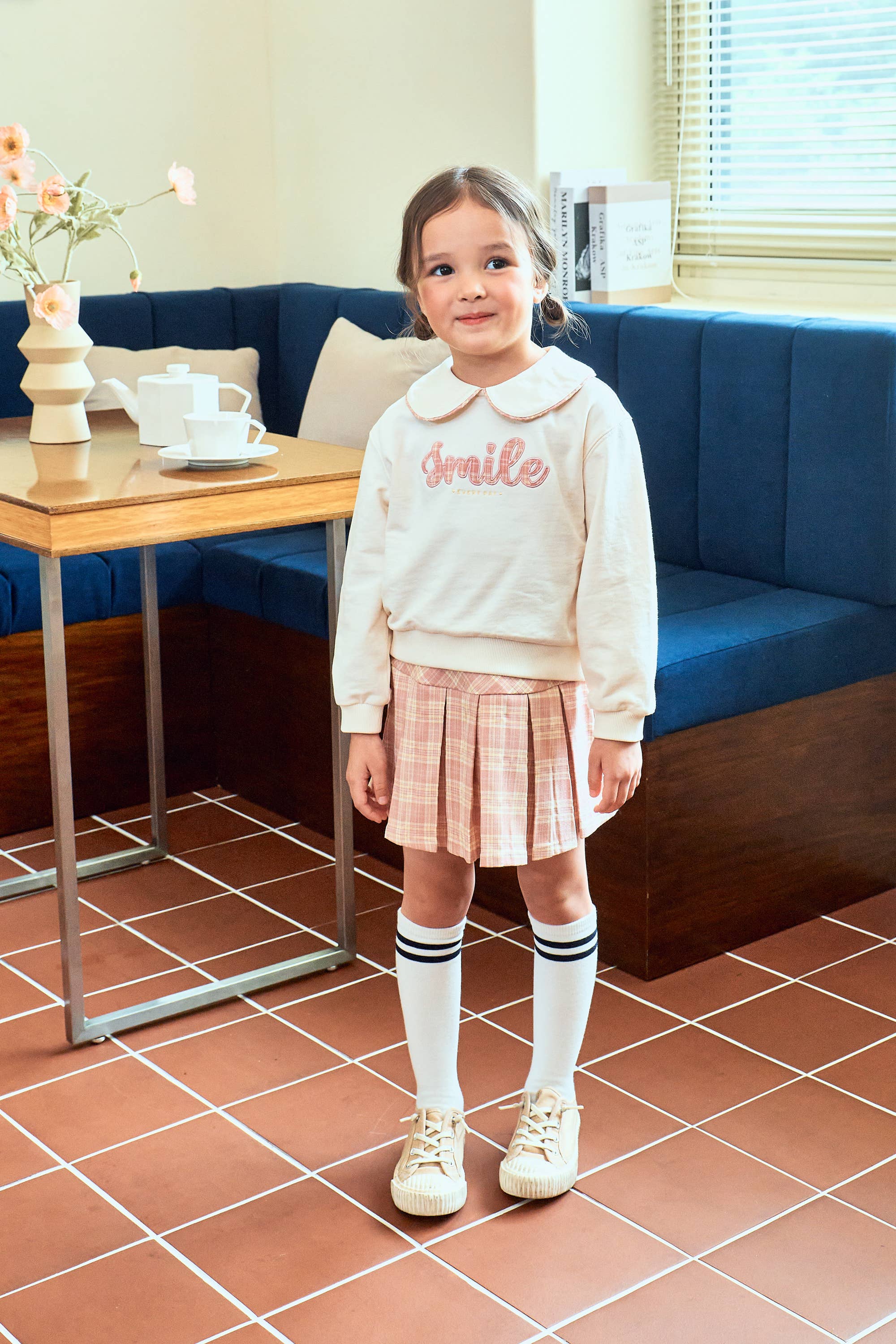 Sofia Round Collared Sweatshirt & Checkered Pattern Skirt Set - ToTo Heros l Premium Children's Clothing