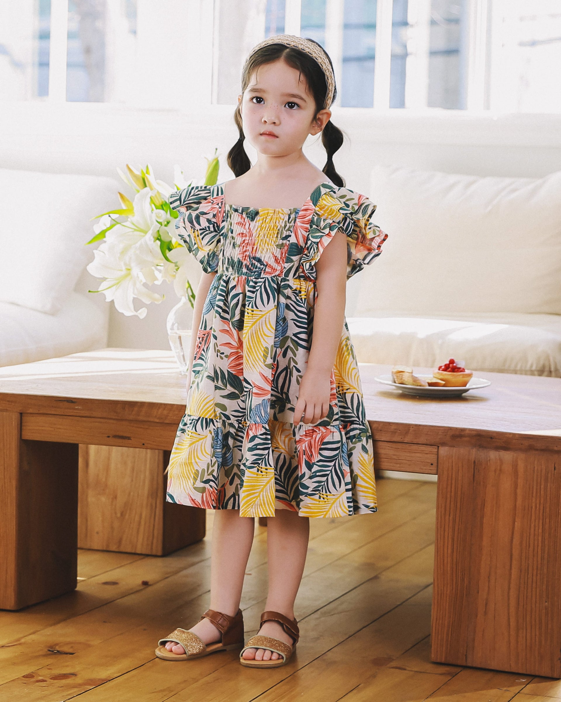 Mina Tropical Print Angel Frill Sleeve Smocked Dress