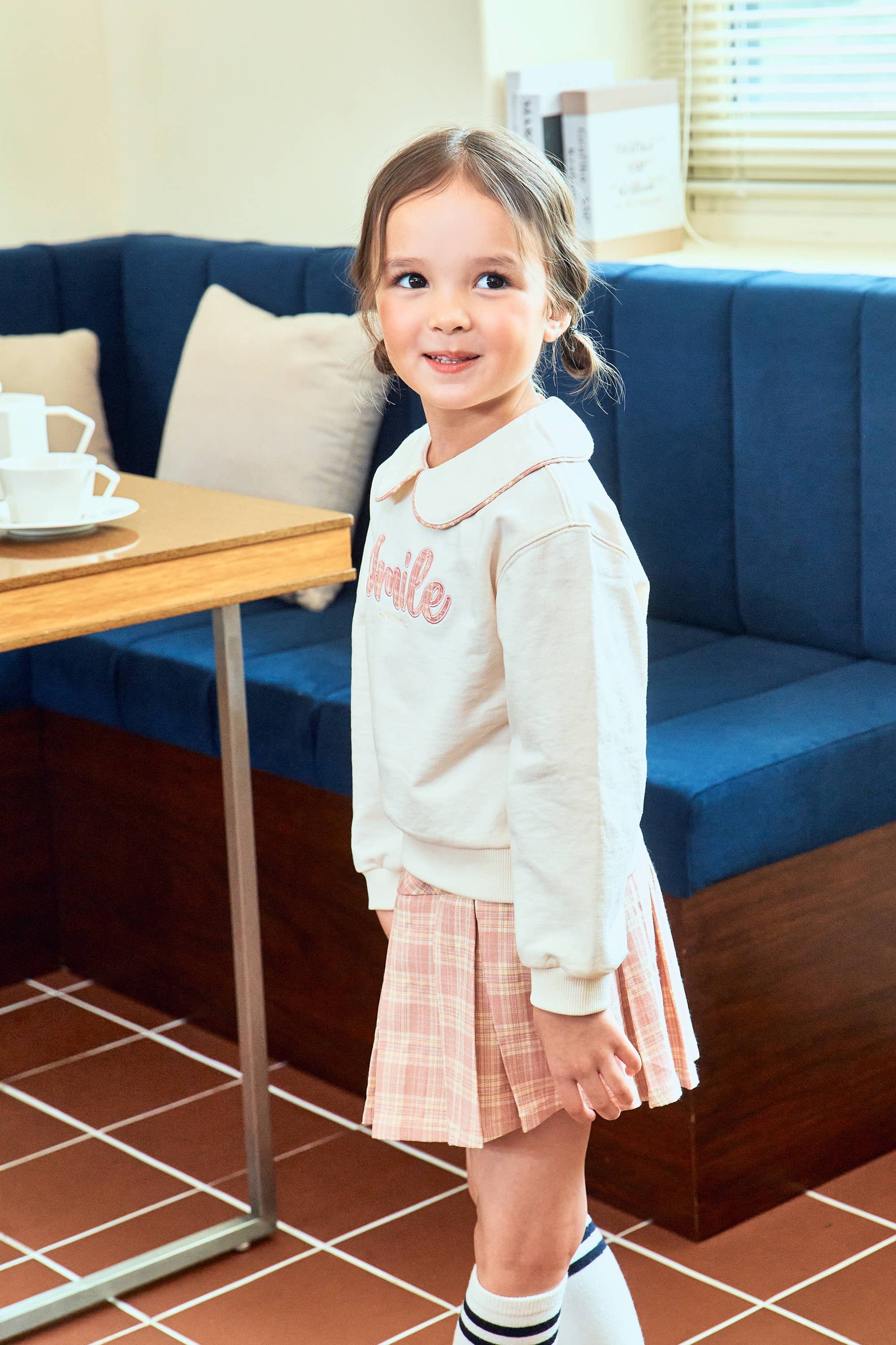 Sofia Round Collared Sweatshirt & Checkered Pattern Skirt Set - ToTo Heros l Premium Children's Clothing