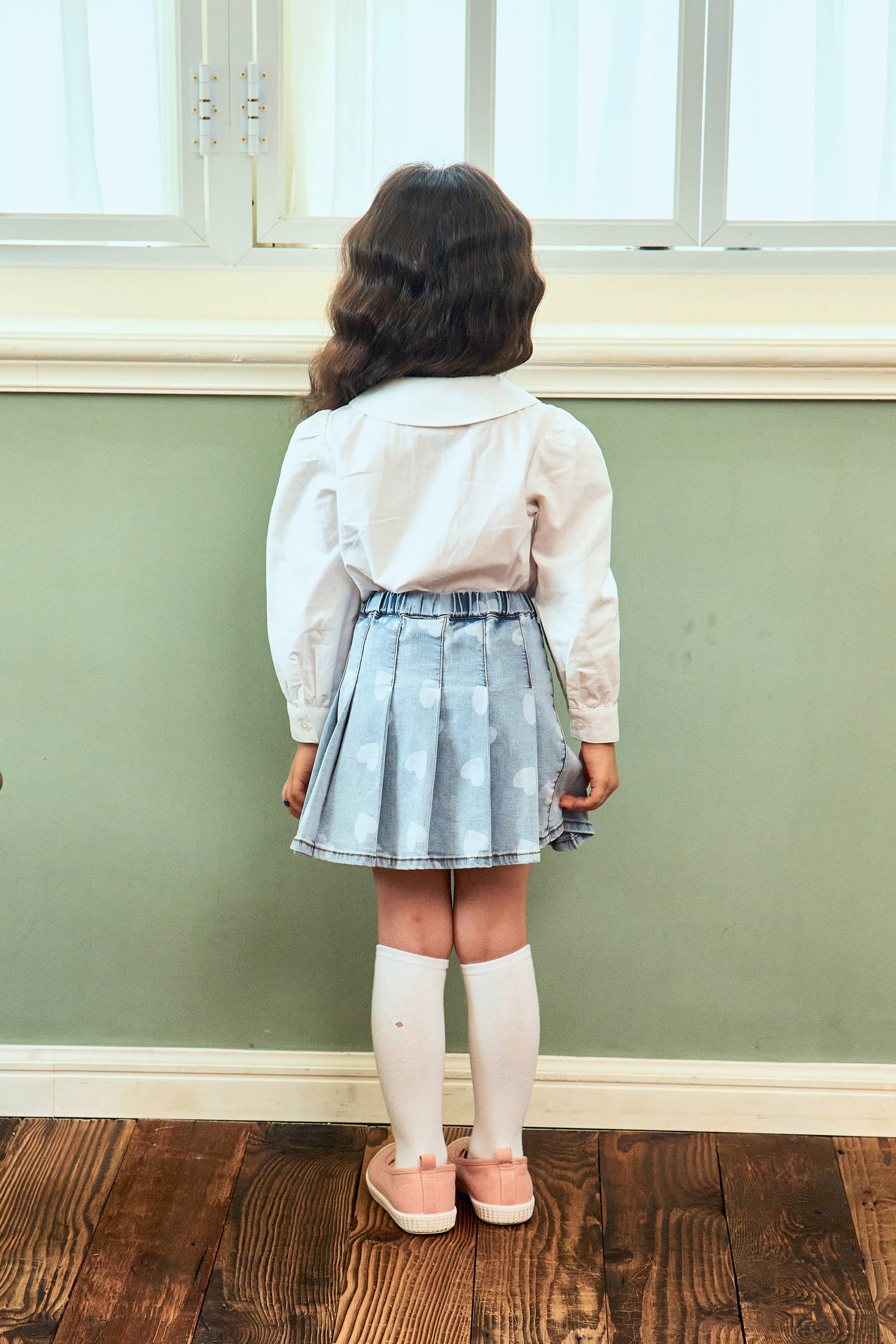 Pleated Heart Print Denim Skirt - ToTo Heros l Premium Children's Clothing