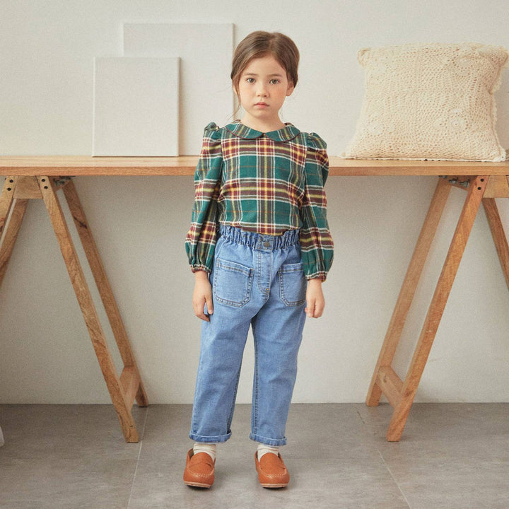 Bella Puff Shoulder Checkered Blouse-Button Down Shirt - Kids-ToTo Heros-ToTo Heros l Premium Children&#x27;s Clothing