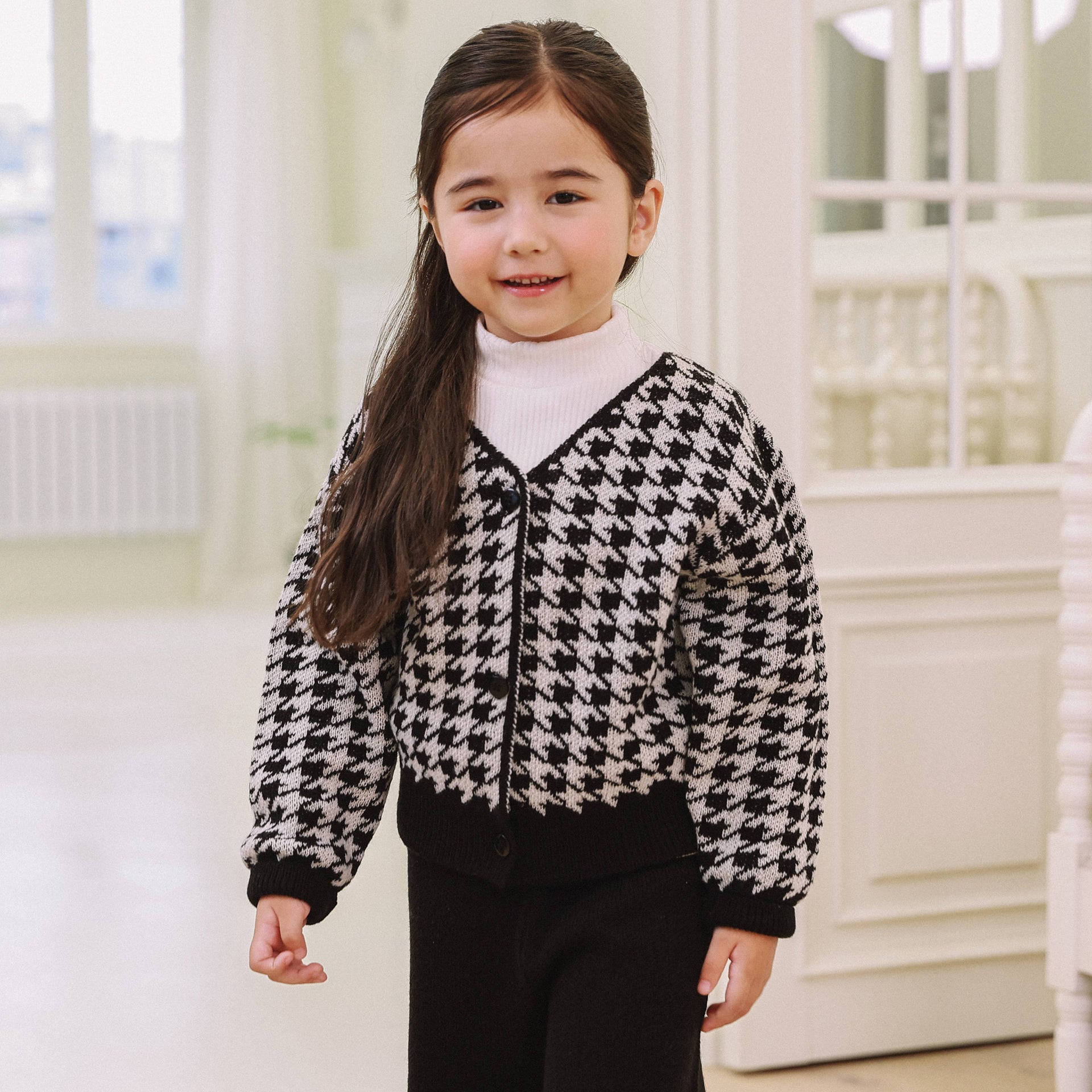 Brianna Houndstooth Wool Blend Knit Cardigan-Cardigan - Kids-ToTo Heros-ToTo Heros l Premium Children&#x27;s Clothing