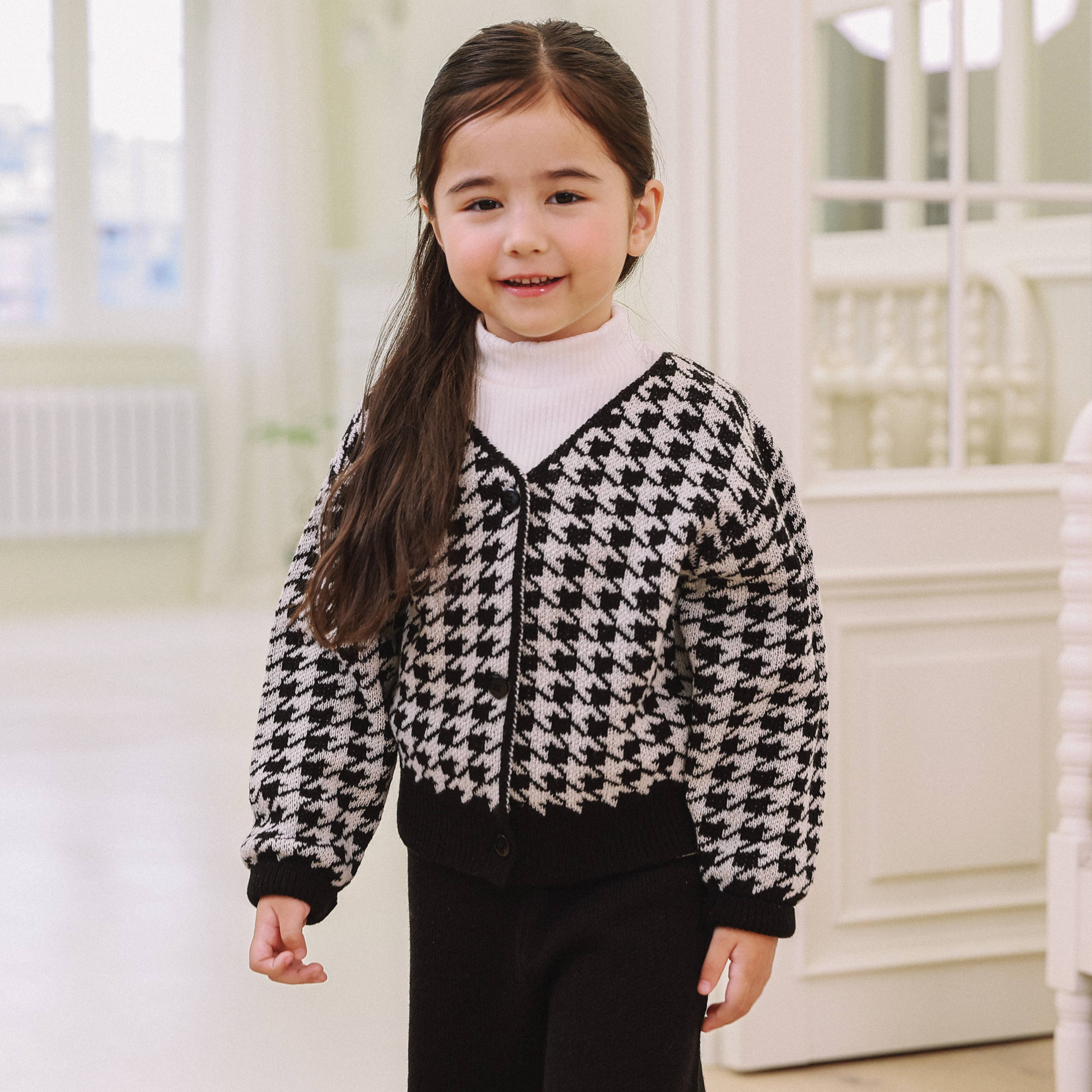 Brianna Houndstooth Wool Blend Knit Cardigan-Cardigan - Kids-ToTo Heros-ToTo Heros l Premium Children&#x27;s Clothing