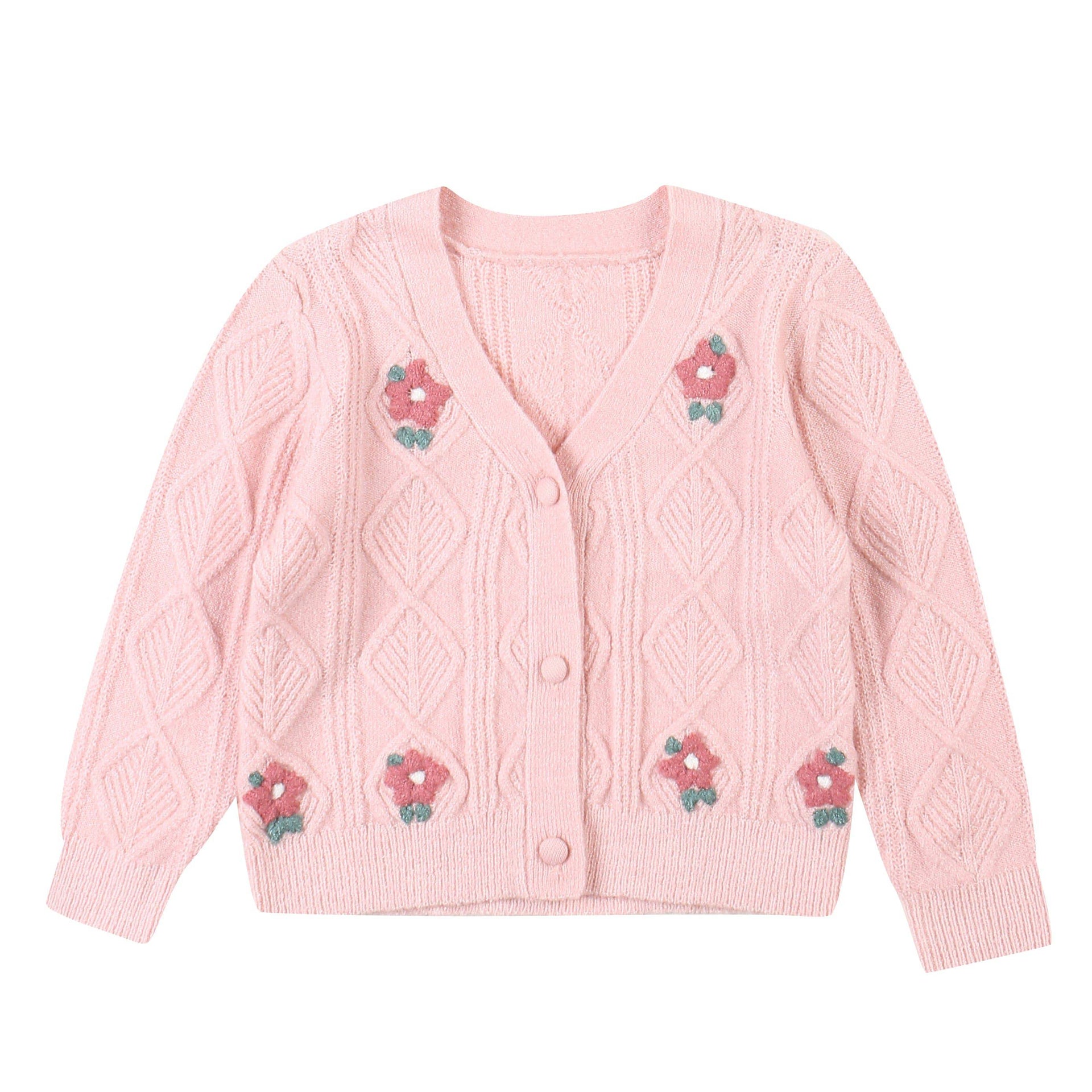 Elena Pink Diamond Knit Floral Cardigan-Cardigan - Kids-ToTo Heros-ToTo Heros l Premium Children&#x27;s Clothing