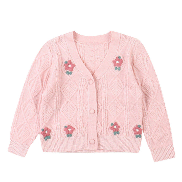 Elena Pink Diamond Knit Floral Cardigan-Cardigan - Kids-ToTo Heros-ToTo Heros l Premium Children&#x27;s Clothing
