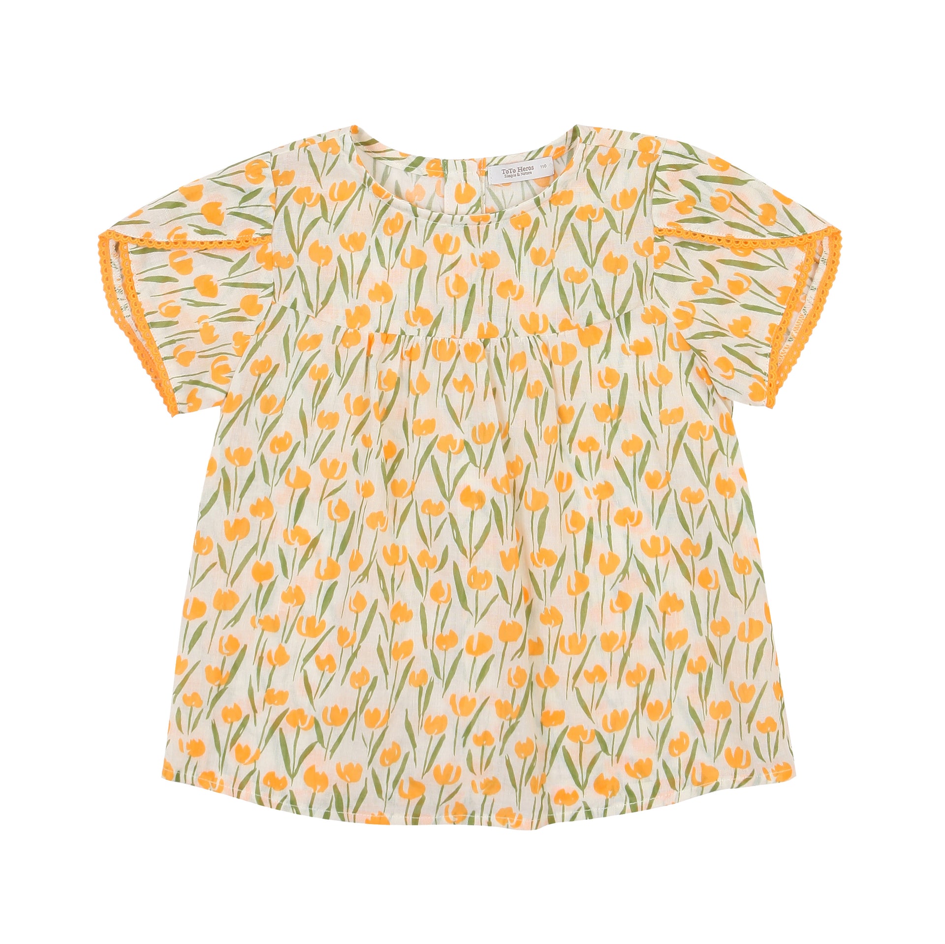 Floral Print Lace Trim Short Sleeve Blouse-Blouse - Kids-ToTo Heros-