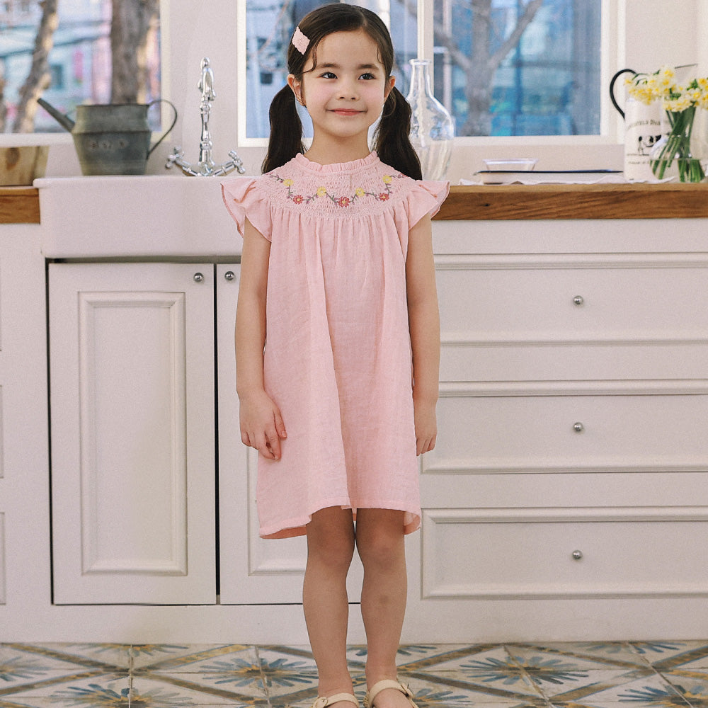 Flower Embroidered Angel Sleeve Smocked Dress-Dress - Kids-ToTo Heros-