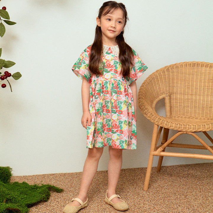 Flower Garden Print Crocheted-Collar Angel Sleeve Dress-Dress - Kids-ToTo Heros-
