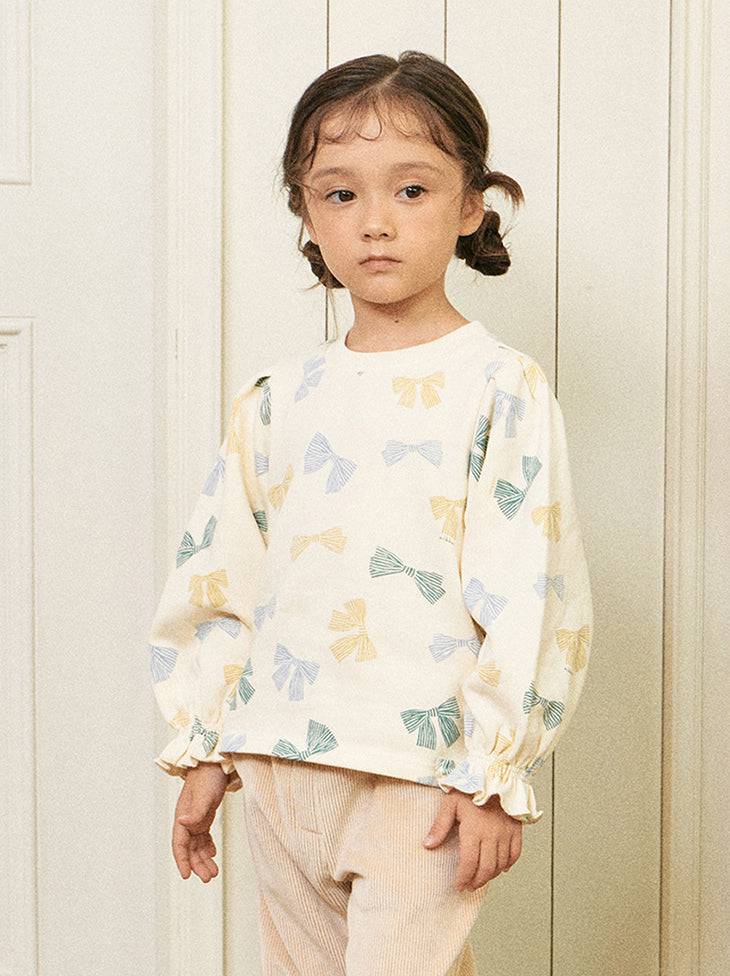 Lena Ribbon Print Ruffled Cuff Fleeced T-Shirt-T-Shirt - Kids-ToTo Heros-ToTo Heros l Premium Children&#x27;s Clothing