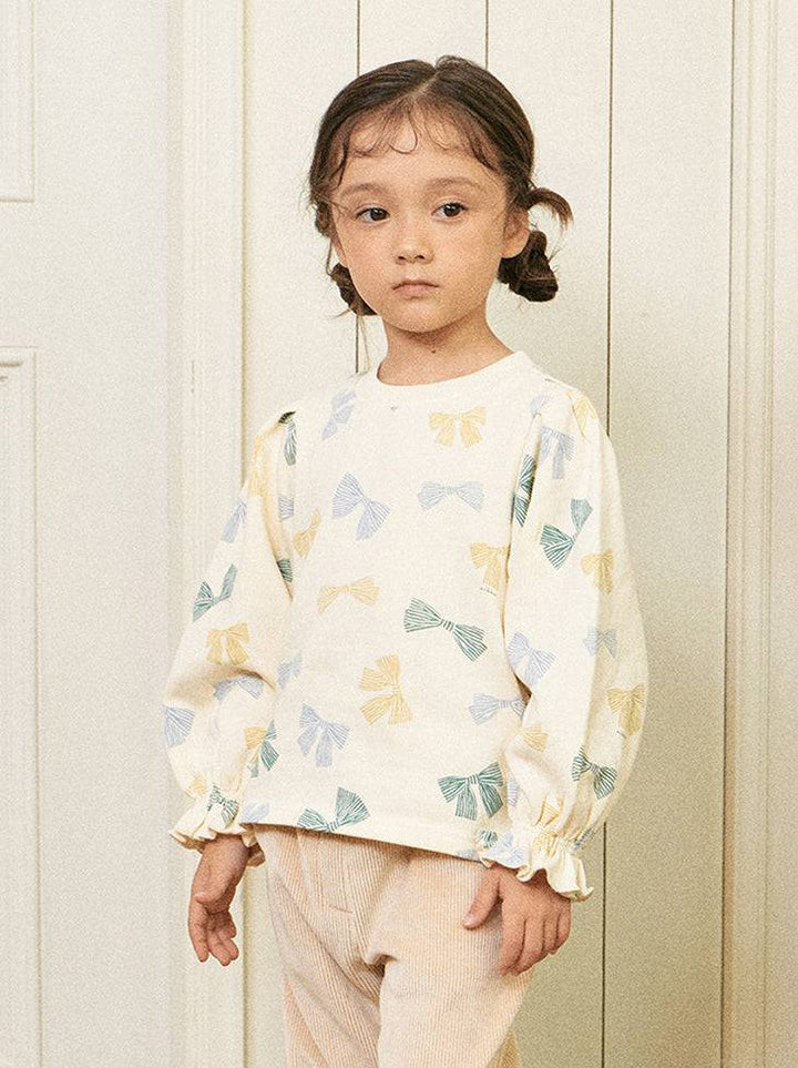 Lena Ribbon Print Ruffled Cuff Fleeced T-Shirt-T-Shirt - Kids-ToTo Heros-ToTo Heros l Premium Children&#x27;s Clothing
