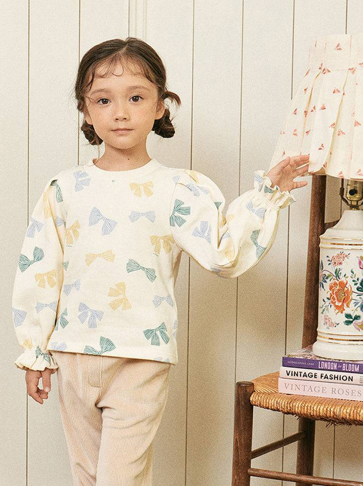 Lena Ribbon Print Ruffled Cuff Fleeced T-Shirt-T-Shirt - Kids-ToTo Heros-ToTo Heros l Premium Children&#x27;s Clothing