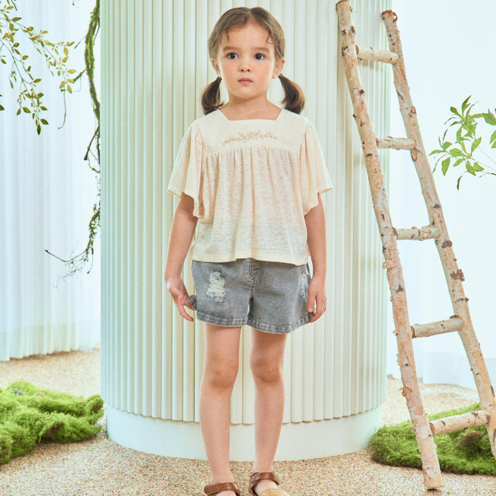 Nina Washed Black Pull-On Summer Denim Shorts-Shorts - Kids-ToTo Heros-