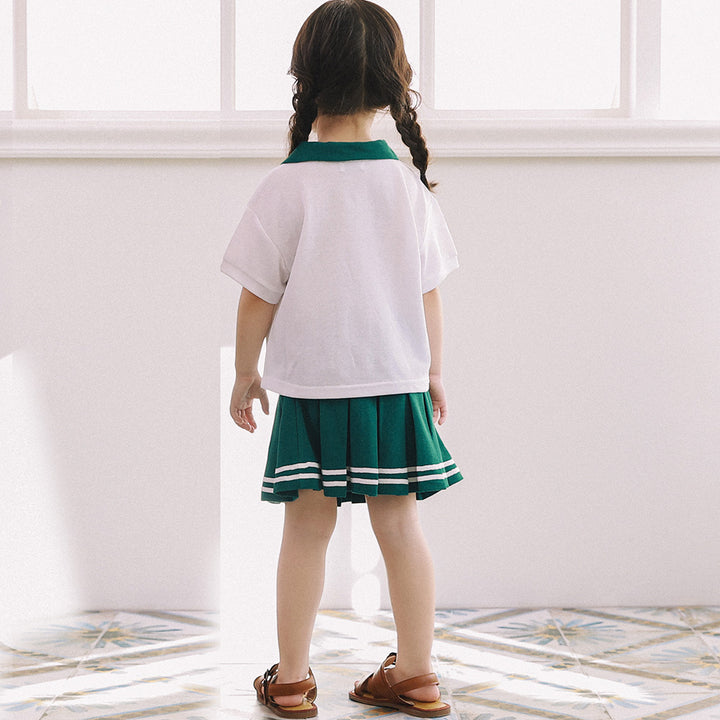 Riah Piqué Polo Shirt & Pleated Striped Skirt Shorts Set-Top & Skirt Set - Kids-ToTo Heros-