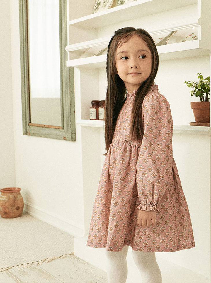 Rose Ruffled Neck Floral Print Dress-Dress - Kids-ToTo Heros-ToTo Heros l Premium Children&#x27;s Clothing