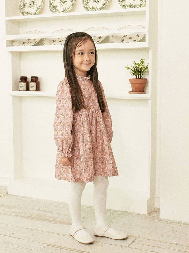 Rose Ruffled Neck Floral Print Dress-Dress - Kids-ToTo Heros-ToTo Heros l Premium Children&#x27;s Clothing
