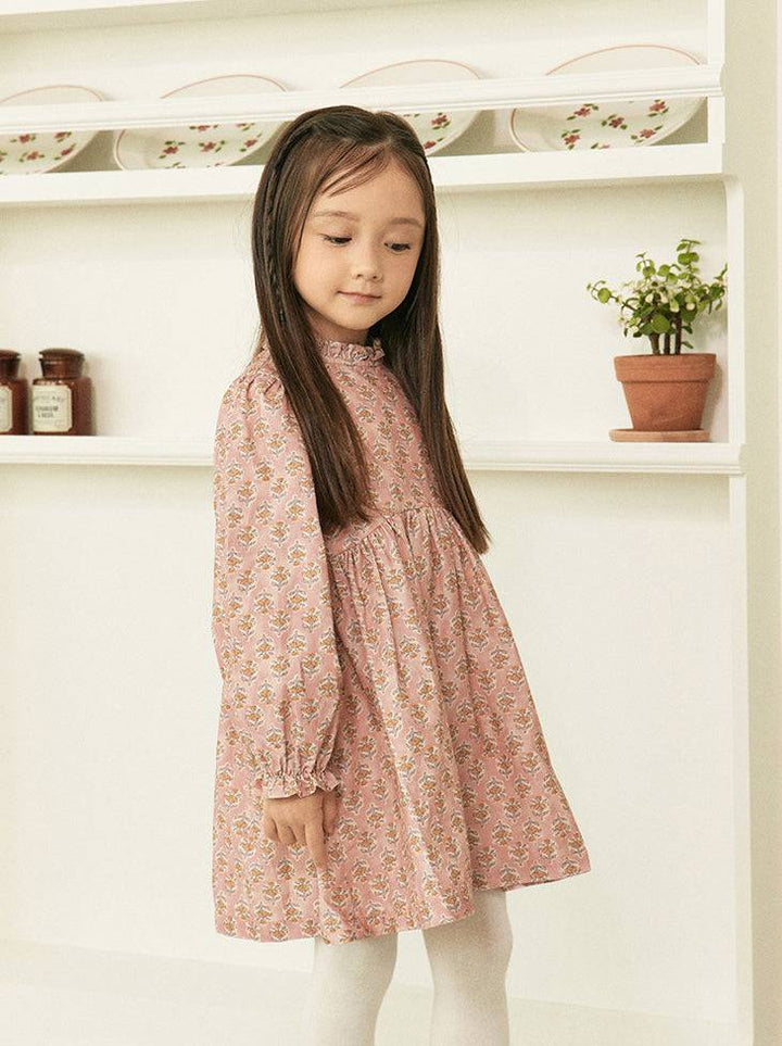 Rose Ruffled Neck Floral Print Dress-Dress - Kids-ToTo Heros-ToTo Heros l Premium Children&#x27;s Clothing