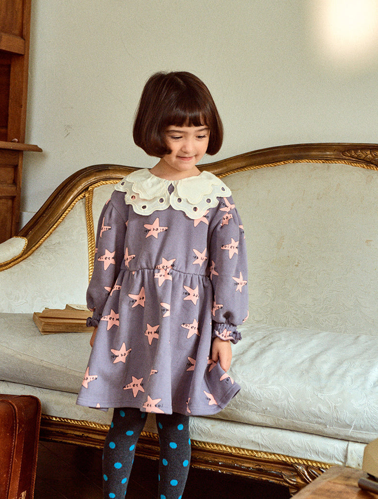 Star Pattern Wide Collar Smocked Cuff Fleeced Dress-Dress - Kids-ToTo Heros-ToTo Heros l Premium Children&#x27;s Clothing