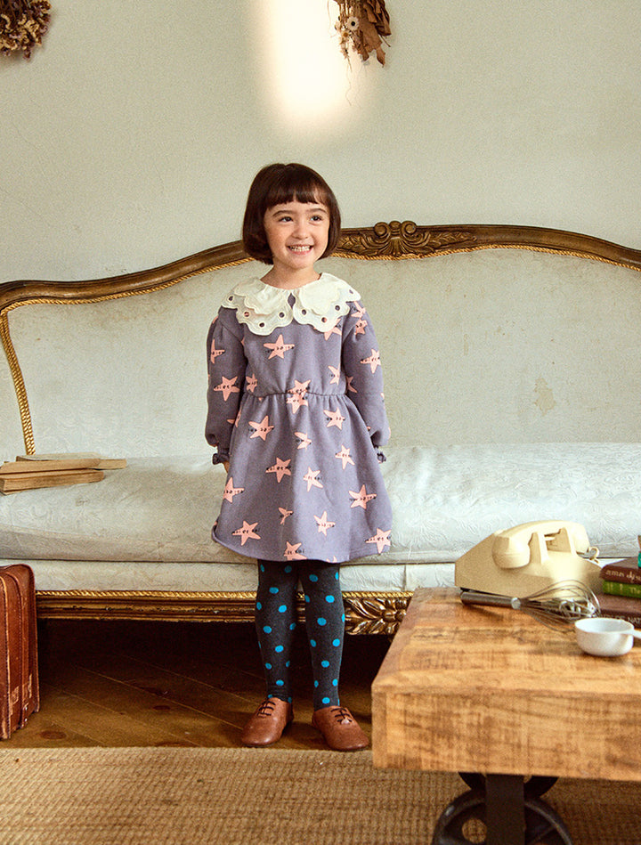 Star Pattern Wide Collar Smocked Cuff Fleeced Dress-Dress - Kids-ToTo Heros-ToTo Heros l Premium Children&#x27;s Clothing
