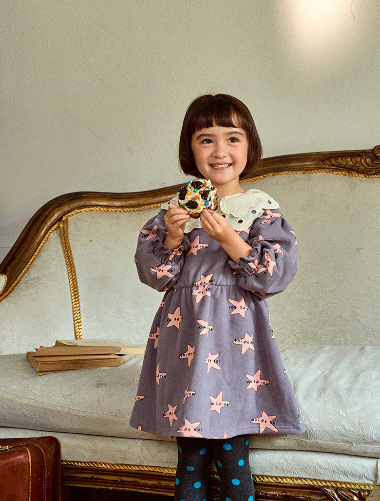 Star Pattern Wide Collar Smocked Cuff Fleeced Dress-Dress - Kids-ToTo Heros-ToTo Heros l Premium Children&#x27;s Clothing