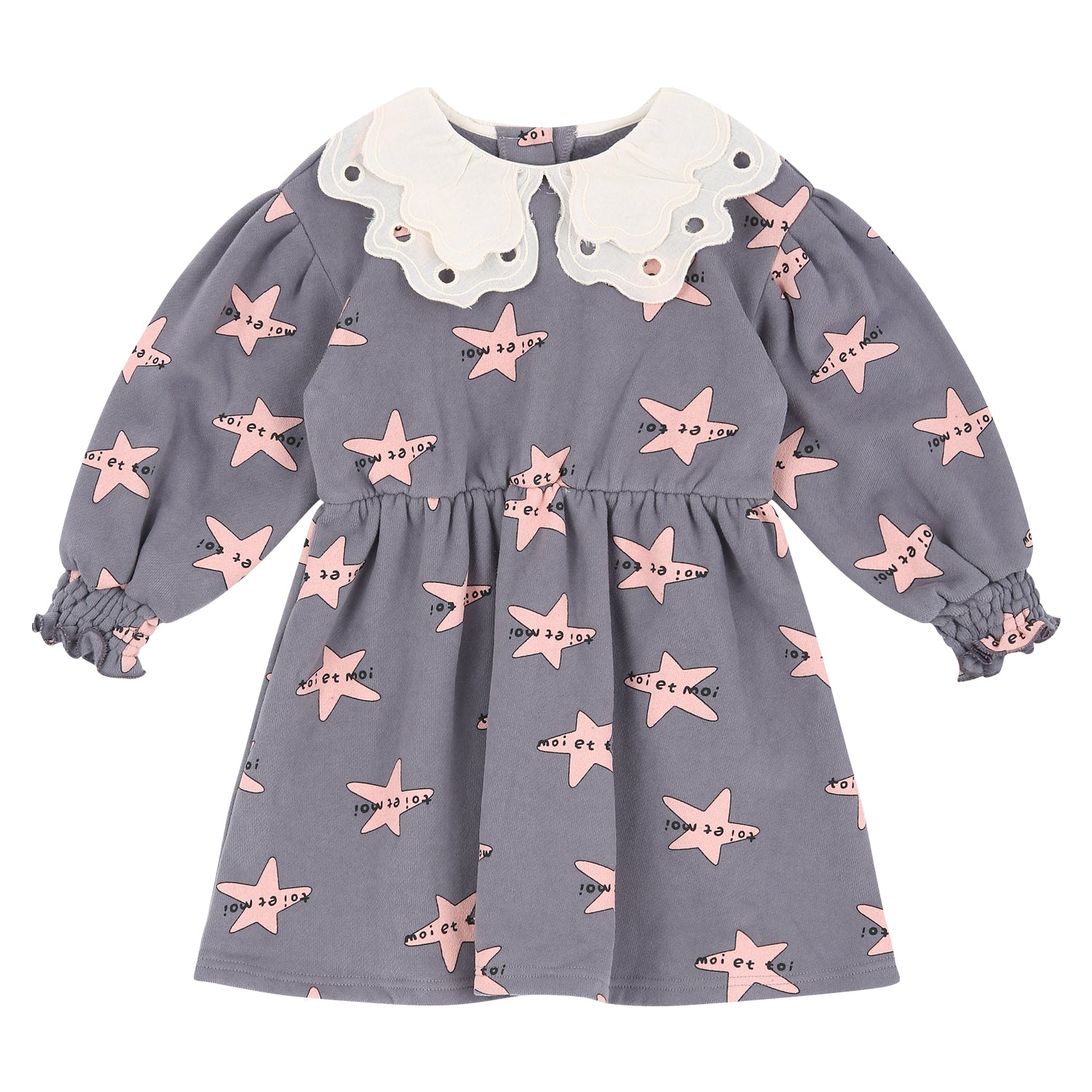 Star Pattern Wide Collar Smocked Cuff Fleeced Dress-Dress - Kids-ToTo Heros-ToTo Heros l Premium Children&#x27;s Clothing