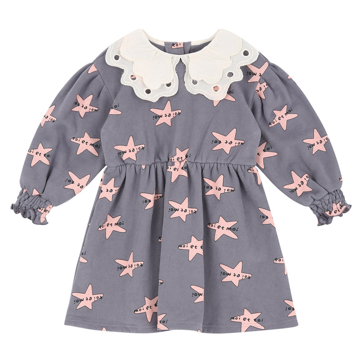 Star Pattern Wide Collar Smocked Cuff Fleeced Dress-Dress - Kids-ToTo Heros-ToTo Heros l Premium Children&#x27;s Clothing