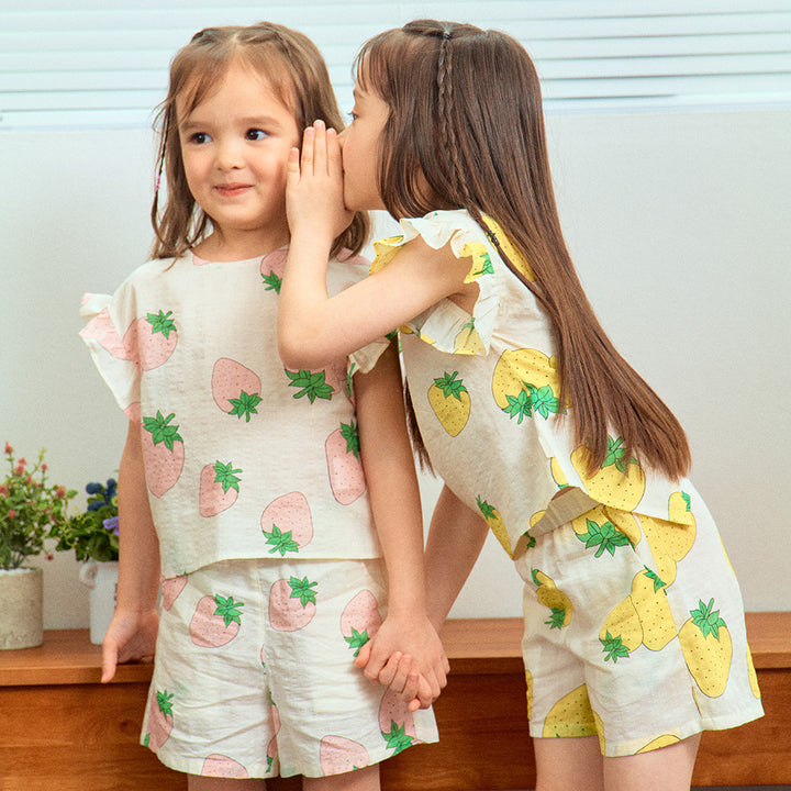 Strawberry Graphic Print Angel Sleeve Top & Shorts Set-Top & Skirt Set - Kids-ToTo Heros-