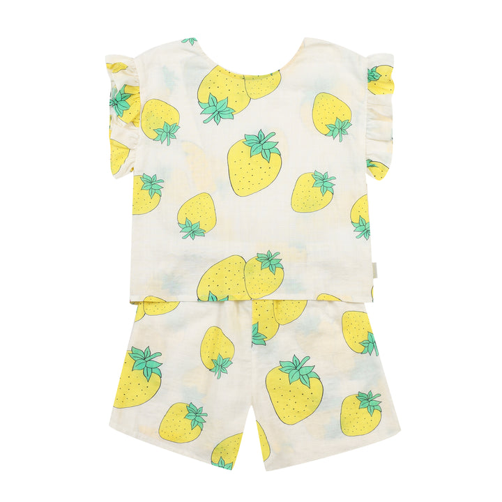 Strawberry Graphic Print Angel Sleeve Top & Shorts Set-Top & Skirt Set - Kids-ToTo Heros-Yellow-XXS-