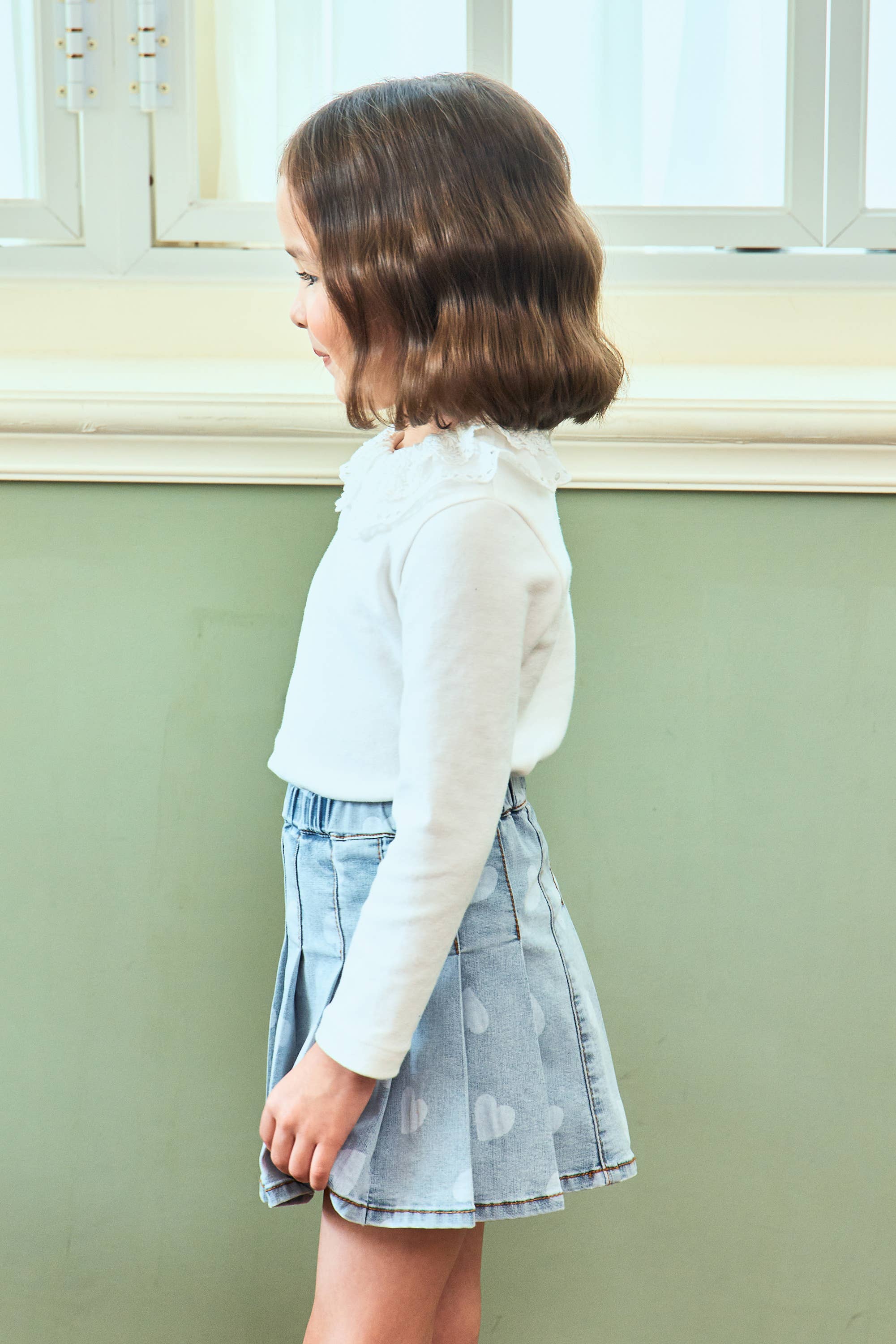 Pleated Heart Print Denim Skirt - ToTo Heros l Premium Children's Clothing