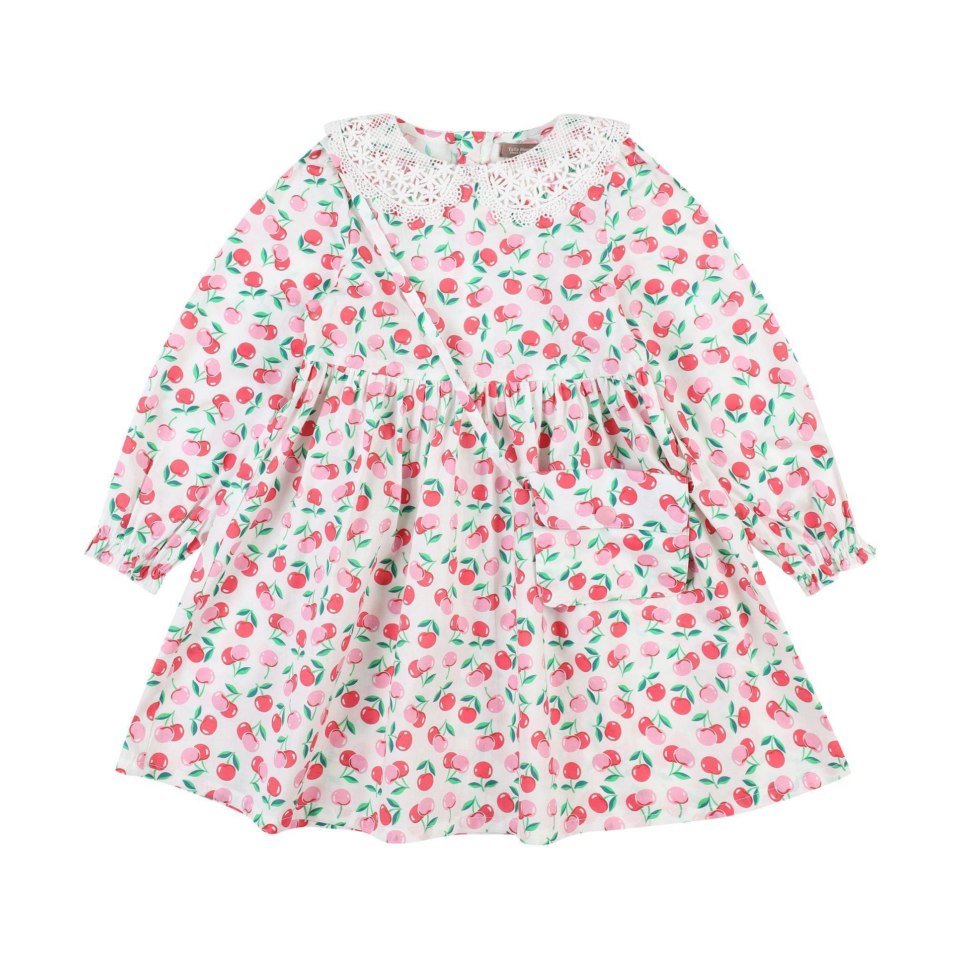 Cherry Print Lace Collar Dress with Mini Bag-Dress - Kids-ToTo Heros-ToTo Heros Premium Children's Clothing