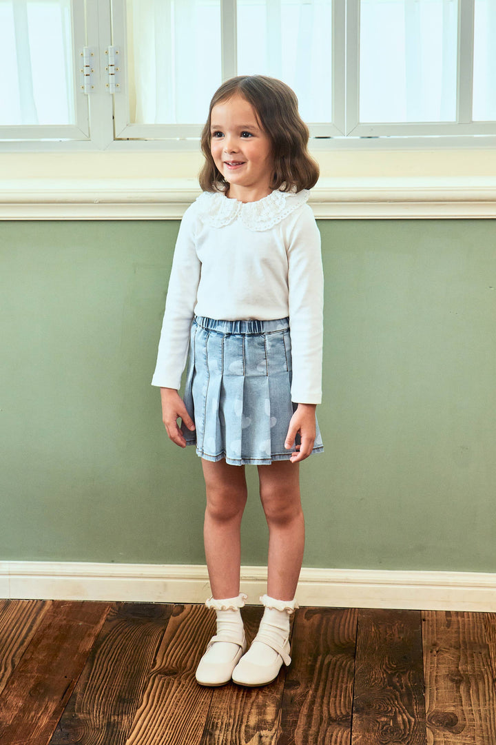 Pleated Heart Print Denim Skirt - ToTo Heros l Premium Children's Clothing