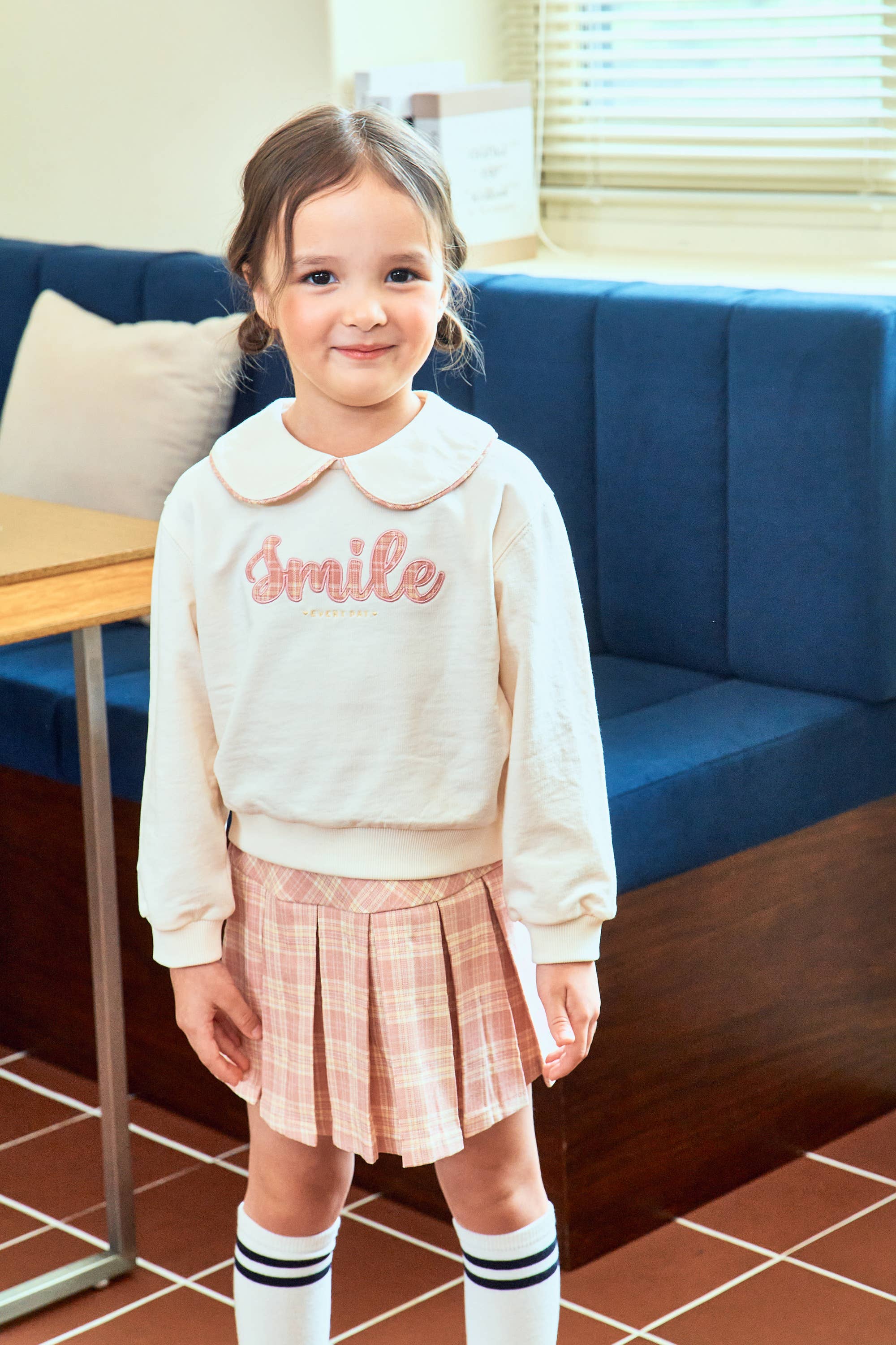 Sofia Round Collared Sweatshirt & Checkered Pattern Skirt Set - ToTo Heros l Premium Children's Clothing