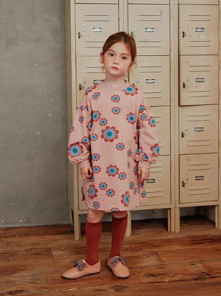 Oversized Floral Print Dress with Waistband - ToTo Heros l Premium Children's Clothing